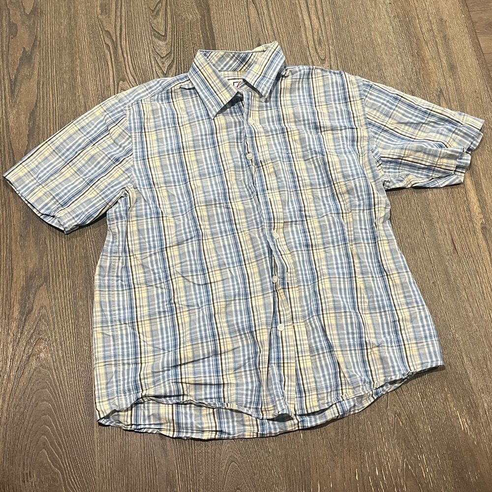 Cutter & Buck Mens Shirt Button Up Plaid Short Sleeves Collared Blue Yellow L